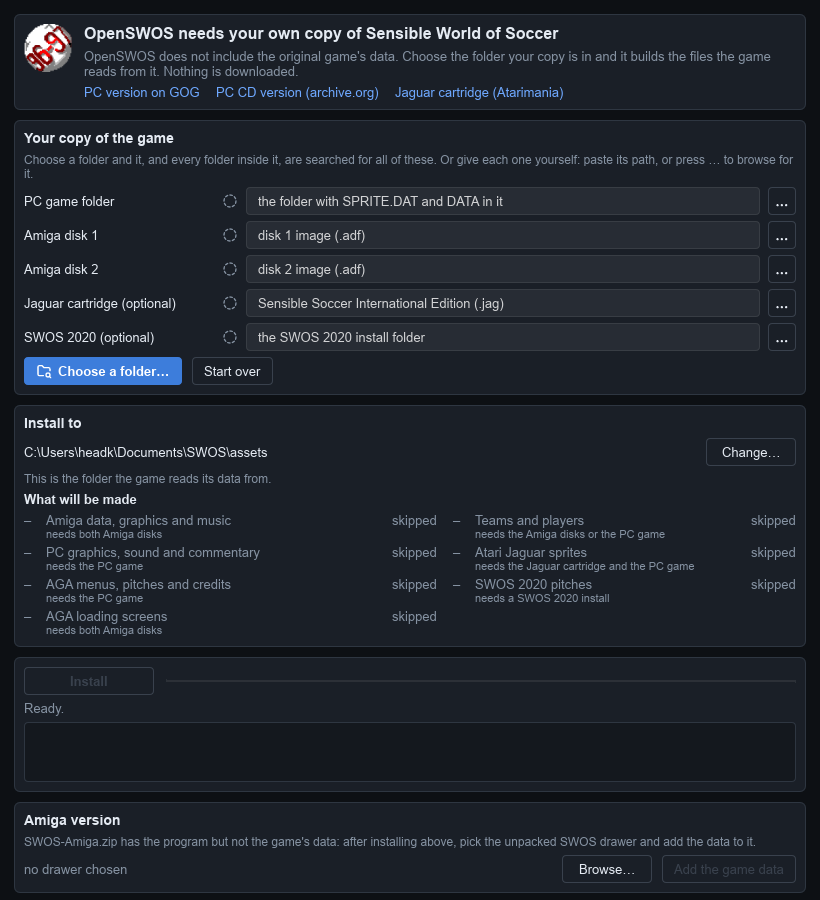 OpenSWOS Setup when it opens: empty boxes for your copy of the game, and a Choose a folder button